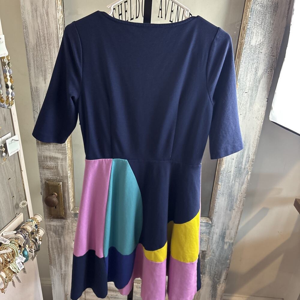 Boden Alice Ponte color block Midi Dress Fit And Flare Sz 8R Blue Pink Yellow - Picture 13 of 15